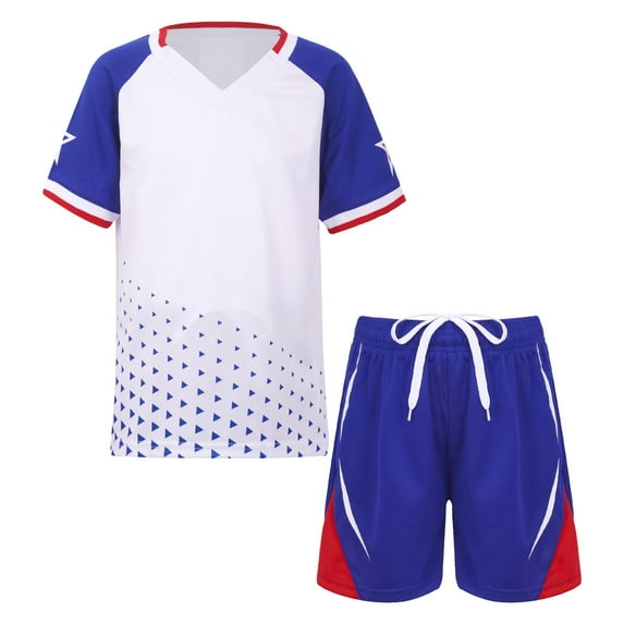 RUNQHUI Boys Soccer Football Jersey Outfits V-Neck Short Sleeve T-Shirt and Shorts Set Kids Sports White 4XS