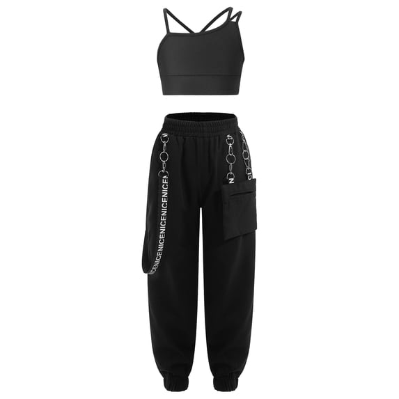 RUNQHUI Girls 2 Piece Street Dance Costume Hip Hop Jazz Performance Clothes Crop Top with Cargo Pants Black 12