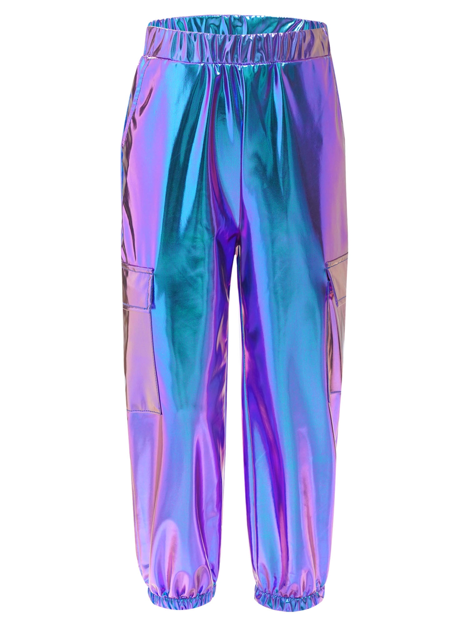 RUNQHUI Girls Boys Metallic Shiny Cargo Pants Kids Multi Pockets Joggers Holographic Hip Hop Jazz Dance Trousers Blue 14