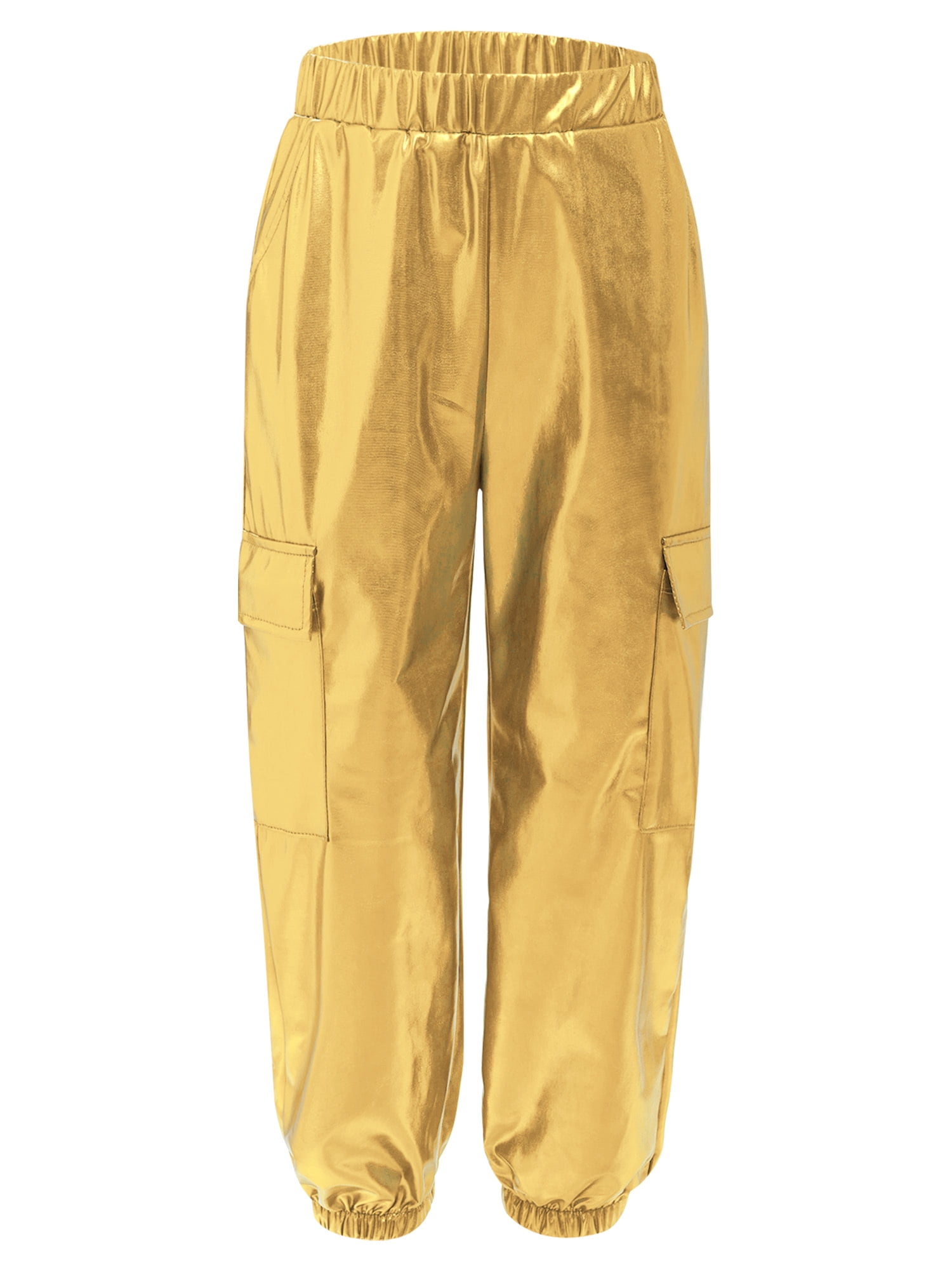 RUNQHUI Girls Boys Metallic Shiny Cargo Pants Kids Multi Pockets Joggers Holographic Hip Hop Jazz Dance Trousers Gold 10