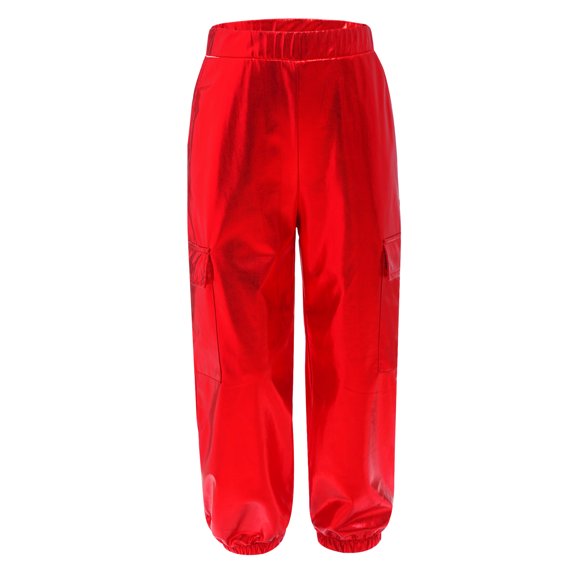 RUNQHUI Girls Boys Metallic Shiny Cargo Pants Kids Multi Pockets Joggers Holographic Hip Hop Jazz Dance Trousers Red 8