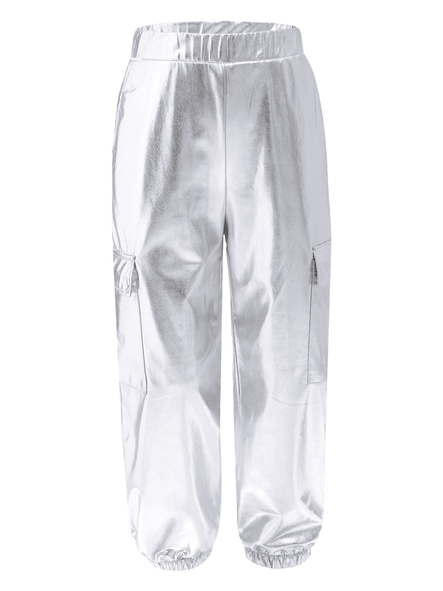 RUNQHUI Girls Boys Metallic Shiny Cargo Pants Kids Multi Pockets Joggers Holographic Hip Hop Jazz Dance Trousers Silver 6