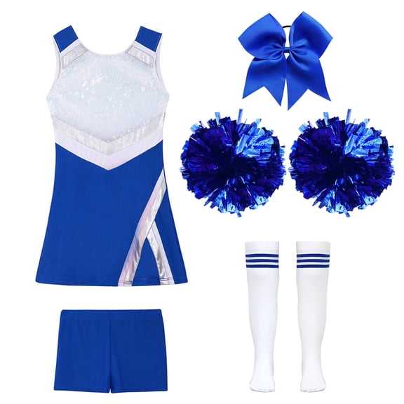 RUNQHUI Girls Cheerleading Outfit School Musical Cheer Leader Costume Sequins Dress with Shorts A Royal Blue 14