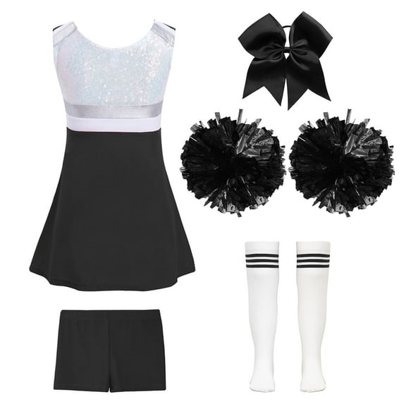 RUNQHUI Girls Cheerleading Outfit School Musical Cheer Leader Costume Sequins Dress with Shorts A White&Black 12