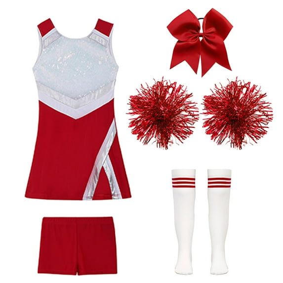 RUNQHUI Girls Cheerleading Outfit School Musical Cheer Leader Costume Sequins Dress with Shorts B Red 14