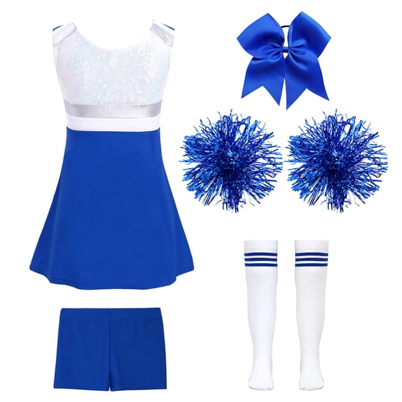 RUNQHUI Girls Cheerleading Outfit School Musical Cheer Leader Costume Sequins Dress with Shorts B Royal Blue 12