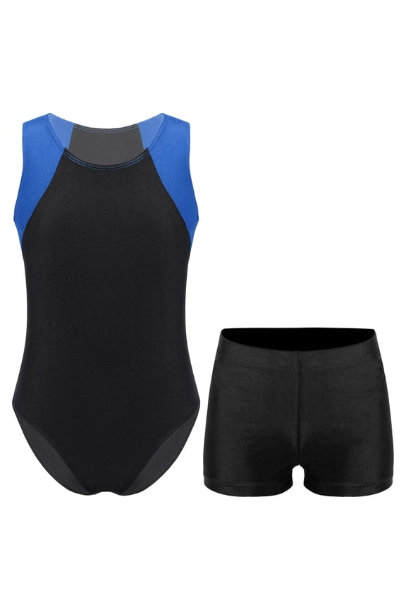 Kids Boys Gymnastics Leotards And Shorts Set Dancewear Gym Workout Ballet Dance Outfits Royal Blue&Black 16