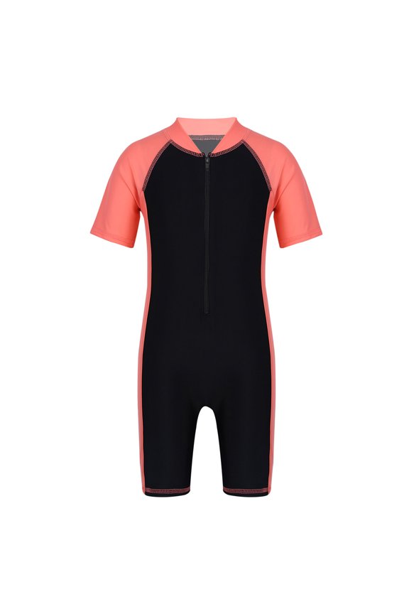 Kids Boys One Piece Zip Swimsuit Short Sleeve Surfing Wetsuit UV Sun Protection Rash Guard Swimwear Watermelon Red&Black 4