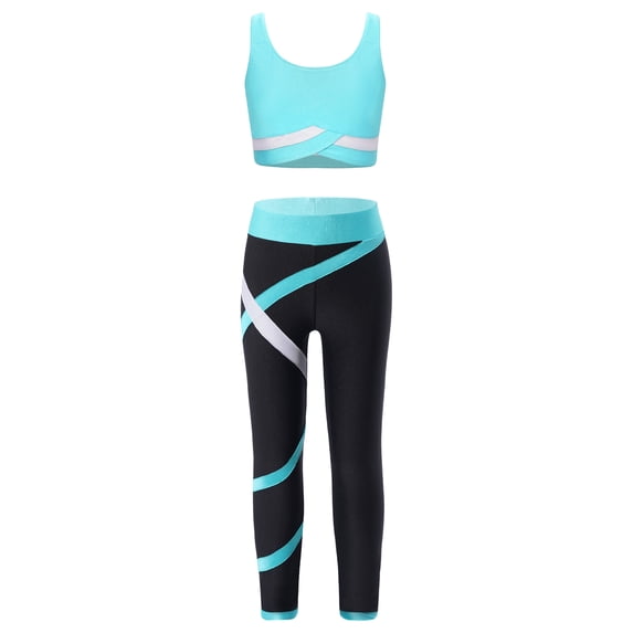 RUNQHUI Kids Girls 2-Piece Sport Outfit Gym Clothes Crop Tank Top with Athletic Leggings Running Blue Green 10