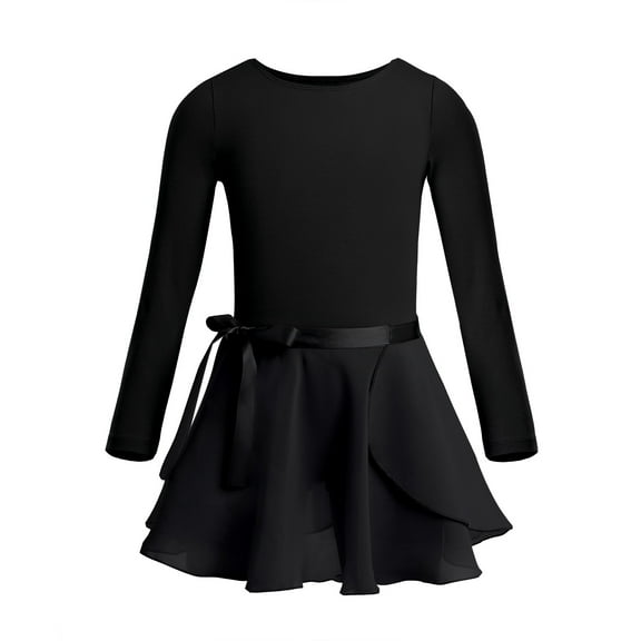 RUNQHUI Kids Girls Basic Ballet Dance Dress Long Sleeve Gymnastics Leotard with Chiffon Wrap Skirt Black XXL