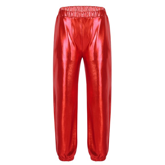 RUNQHUI Kids Girls Boys Metallic Jazz Hip Hop Dance Pants Elastic Waist Jogger Pants for Street Dancing Red 8