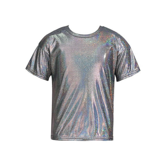 RUNQHUI Kids Girls Boys Shiny Metallic Short Sleeve Shirt T-shirt Sparkly Jazz Hip Hop Dance Top Black 110