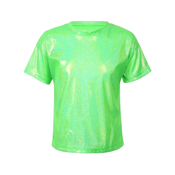 RUNQHUI Kids Girls Boys Shiny Metallic Short Sleeve Shirt T-shirt Sparkly Jazz Hip Hop Dance Top Fluorescent Green 140