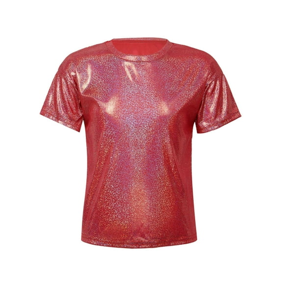 RUNQHUI Kids Girls Boys Shiny Metallic Short Sleeve Shirt T-shirt Sparkly Jazz Hip Hop Dance Top Red 160