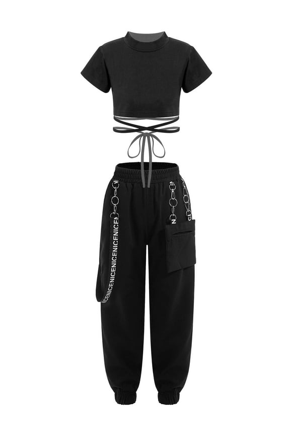 Kids Girls Dance Outfit Hip Hop Clothing Set Cross Back Crop Tank Tops with Chain Cargo Pants Black 170