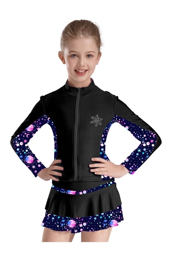 Kids Girls Gym Workout Athletic Sport Jacket Zipper Sparkly Rhinestone Figure Ice Skating Black 8
