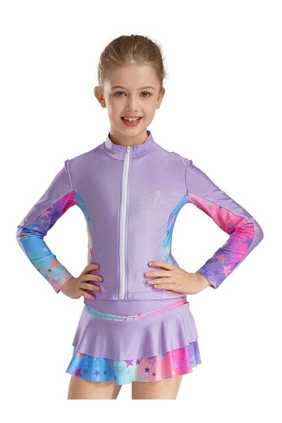 Kids Girls Gym Workout Athletic Sport Jacket Zipper Sparkly Rhinestone Figure Ice Skating Purple 4