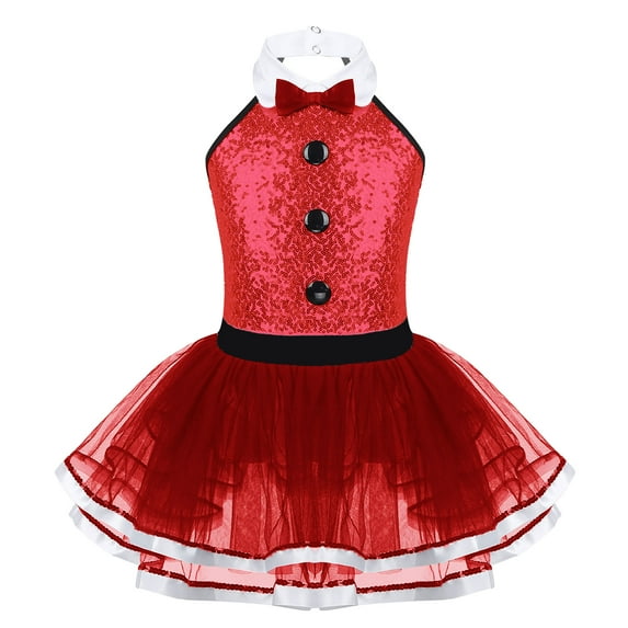 RUNQHUI Kids Girls Halter Sequins Tutu Dress Mesh Ballerina Ballet Dance Leotard Lyrical Modern Dance Red 6