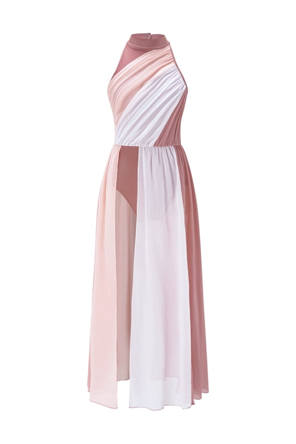 Kids Girls Lyrical Ballet Dance Dress Sheer Mesh Skirted Leotard Sleeveless Modern Contemporary Dance Dress Dusty Pink 6