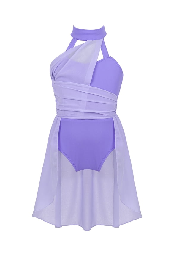 Kids Girls Ruched Chiffon Bodice Lyrical Dance Dress Latin Jazz Dancing Dress Lavender 14