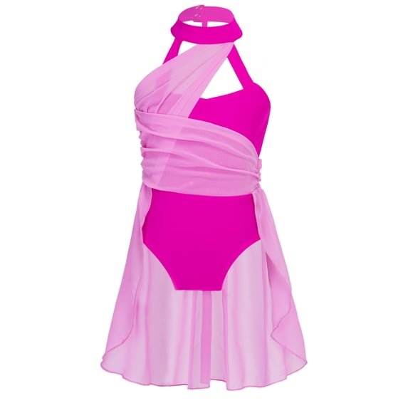 RUNQHUI Kids Girls Ruched Chiffon Bodice Lyrical Dance Dress Latin Jazz Dancing Dress Rose 12