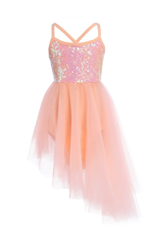 Kids Girls' Sequined Camisole Gym Ballet Dance Tutu Dress Ballerina Leotard Dance Wear Orange 3XL