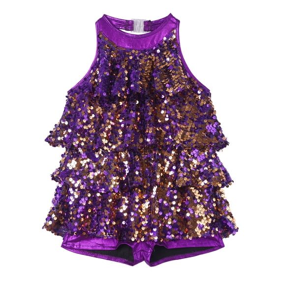 RUNQHUI Kids Girls Sequins Halter Neck Leotard Dance Dress Latin Jazz Salsa Samba Rumba Dance Purple 16