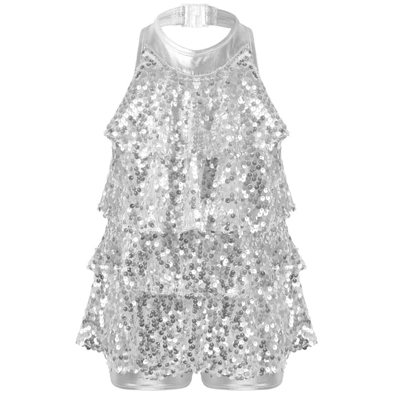 RUNQHUI Kids Girls Sequins Halter Neck Leotard Dance Dress Latin Jazz Salsa Samba Rumba Dance Costume Silver 6