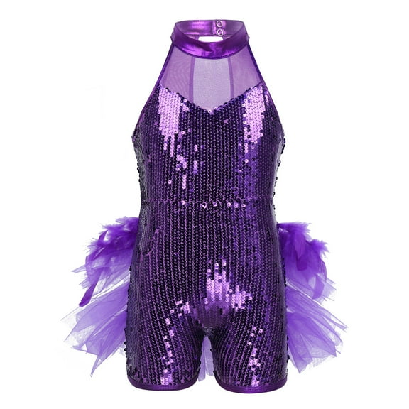 RUNQHUI Kids Girls Sequins Halter Neck Leotard Jumpsuit Ballet Dancewear Jazz Latin Street Dance Purple 14
