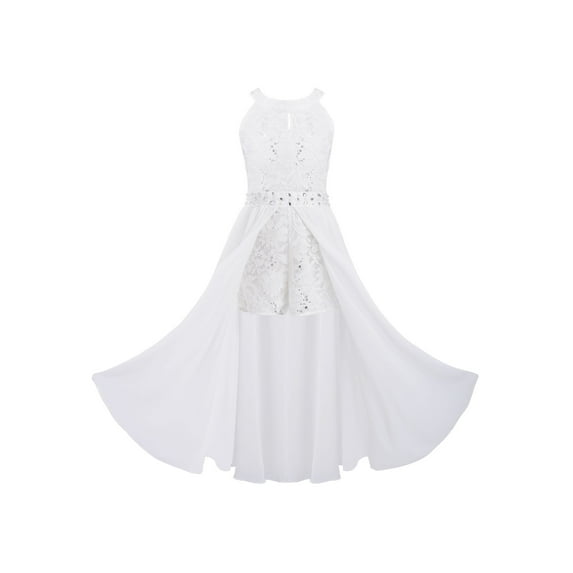 RUNQHUI Kids Girls Sleeveless Floral Lace Shiny Rhinestones Birthday Party Maxi Dress Pageant Dancing White 10