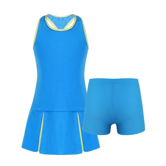 RUNQHUI Kids Girls Tennis Golf Sleeveless Dress with Shorts Sets Sportswear Teamwear Netball Team Blue 10
