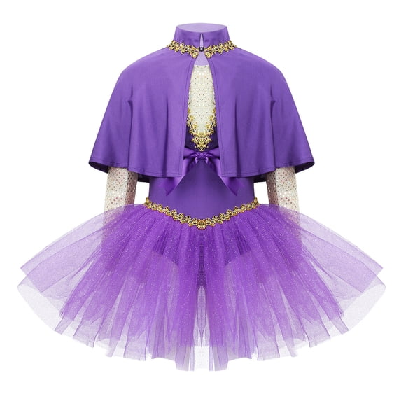 RUNQHUI Kids Girlsh Halloween Magic Cosplay Costumes Mesh Skirted Dance Leotard with Cape Arm Sleeves Purple 6
