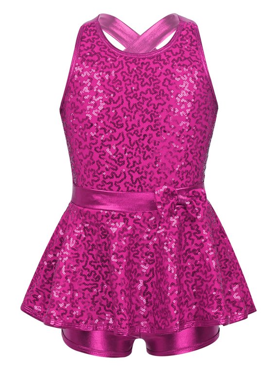 Kids Sequined Modern Tap Dress Criss Cross Back Jazz Ballet Leotard Shorts Dance wear Rose 14