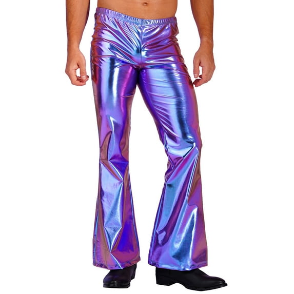 RUNQHUI Mens Shiny Metallic Disco Pants Flared Bell Bottom Long Leggings Rave Party Costume Trousers Colorful S