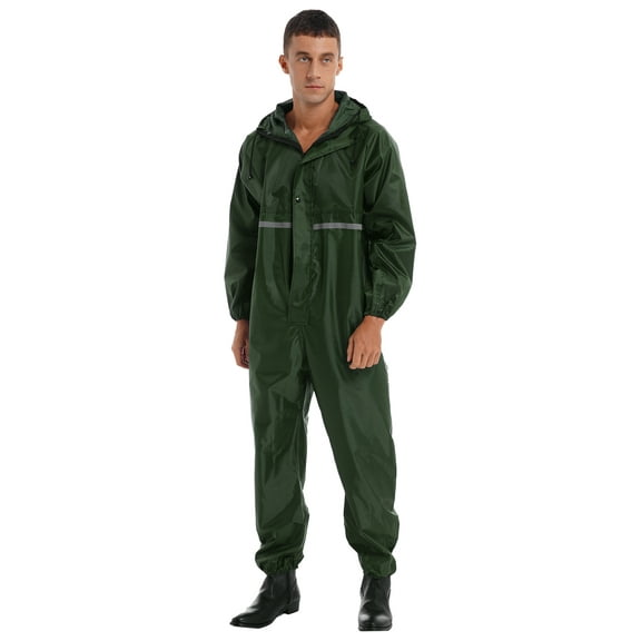 RUNQHUI Unisex Men One Piece Hooded Waterproof Coveralls Reflective Rain Suit Raincoat Jumpsuit Dark Green 175/XL