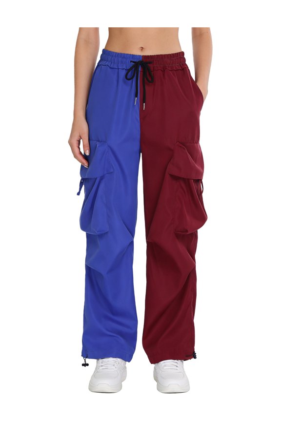 Women Color Block Cargo Pants Multiple Pockets Elastic Waist Drawstring Long Pants Streetwear Blue Red S