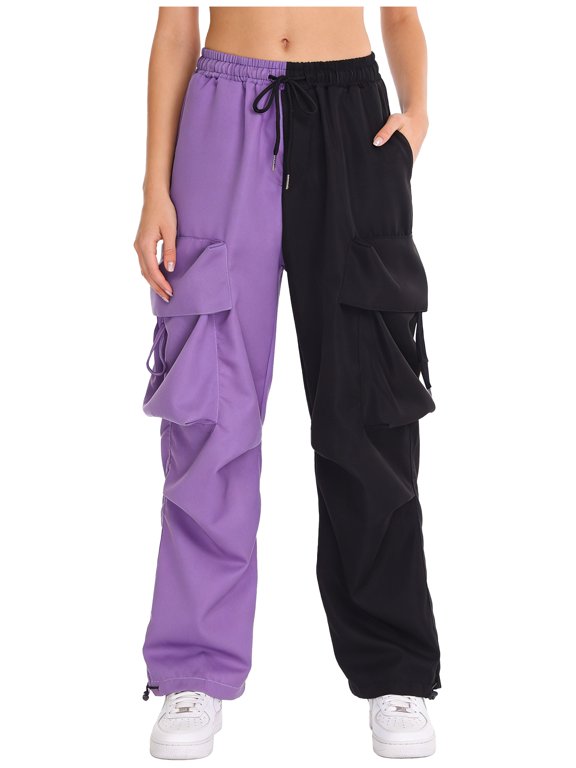 Women Color Block Cargo Pants Multiple Pockets Elastic Waist Drawstring Long Pants Streetwear Purple Black L