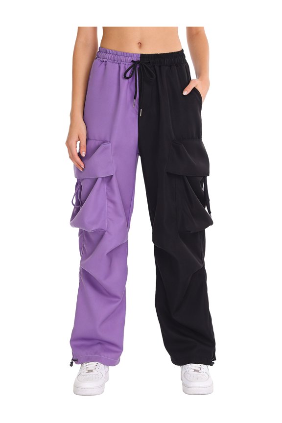 Women Color Block Cargo Pants Multiple Pockets Elastic Waist Drawstring Long Pants Streetwear Purple Black S