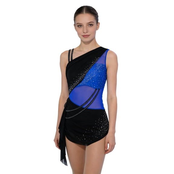 RUNQHUI Women Color Block Lyrical Dance Bodysuit Ruched Fringe Trim Figure Skating Gymnastics Leotard Royal Blue S