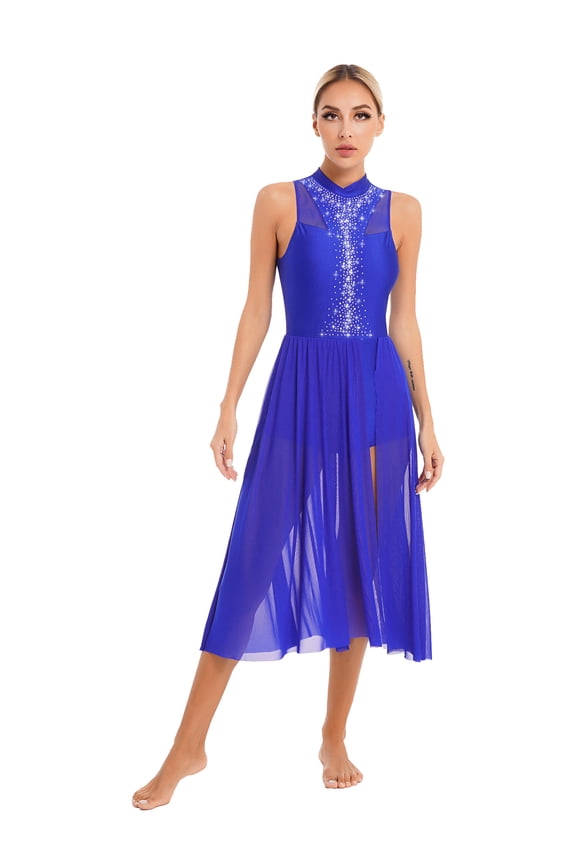 Women Lyrical Dance Costume Mock Neck Dance Dress Leotard Morden Contemporary Ballet Royal Blue S