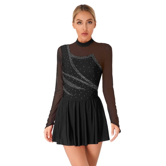RUNQHUI Women's Adult Shiny Rhinestone Figure Ice Skating Dress Mesh Long Sleeve Competition Dance Black M