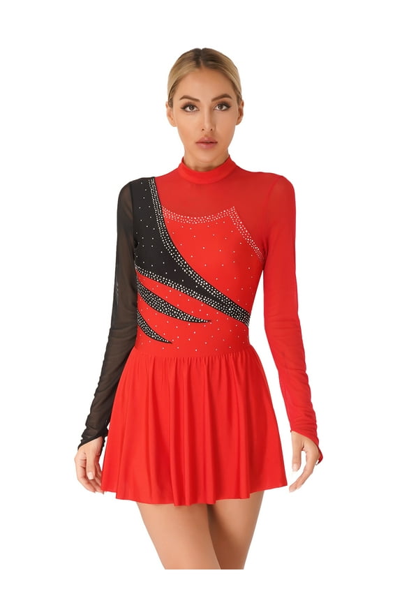 Women's Adult Shiny Rhinestone Figure Ice Skating Dress Mesh Long Sleeve Competition Dance Red XXL