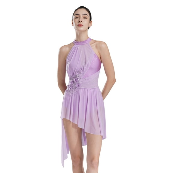 RUNQHUI Women's Applique Flower Lyrical Dance Dress Halter Strappy Back Leotard High Low Flowy Mesh Skirt Light Purple M