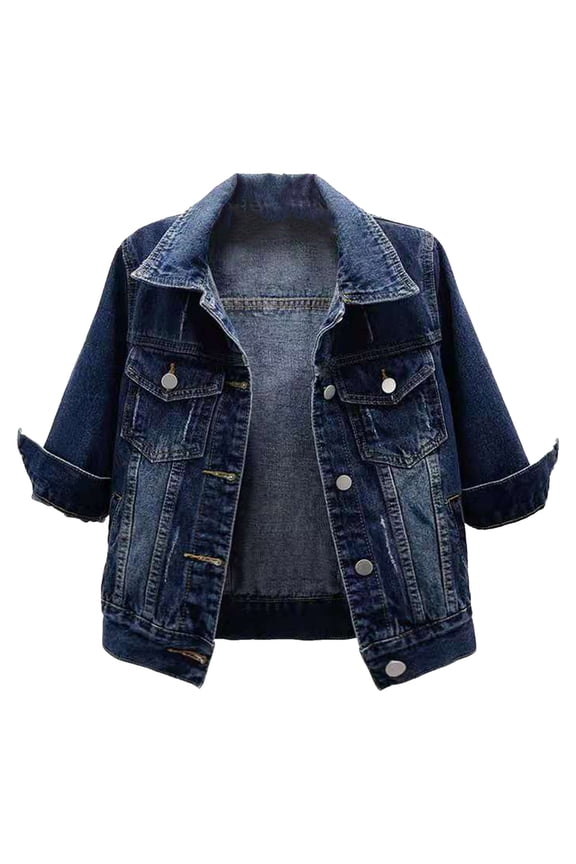 Women's Autumn Denim Jean Jacket Classic Basic Coat Button Down Distressed Outwear Baggy Fit Dark Blue L