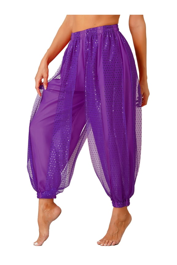 Women's Belly Dance Harem Pants Sequined Dots Chiffon Trousers Arabic Performance Loose Pants Purple One Size