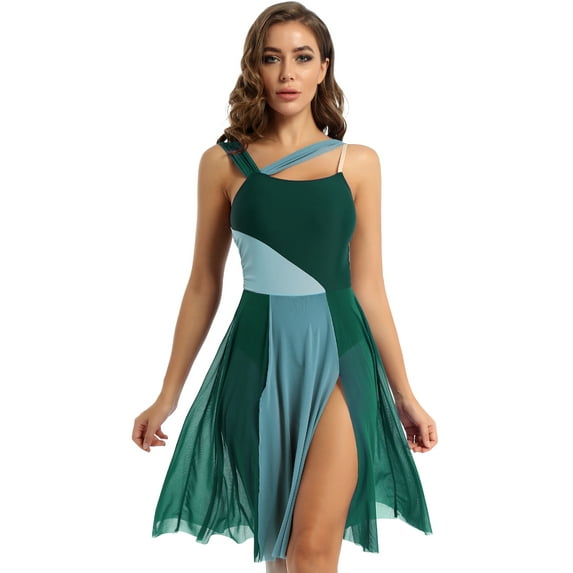 RUNQHUI Women's Color Block Sleeveless Lyrical Modern Contemporary Leotard Dress Ballroom Dancing Costume Green XL