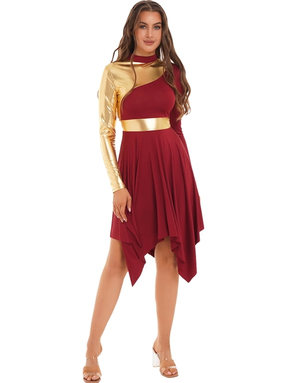 Women's Liturgical Metallic Block Worship Praise Dance Dress Long Sleeve Latin Ballet Dance Burgundy S