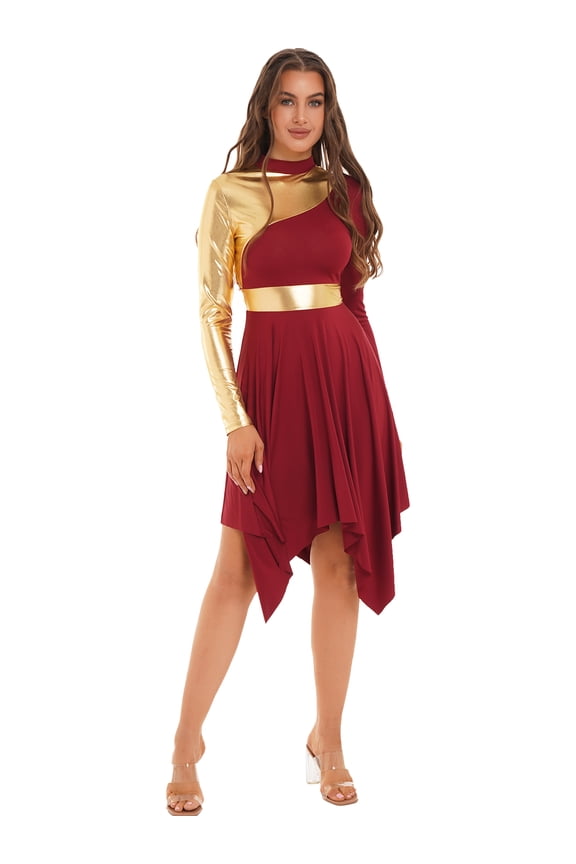 Women's Liturgical Metallic Block Worship Praise Dance Dress Long Sleeve Latin Ballet Dance Burgundy S