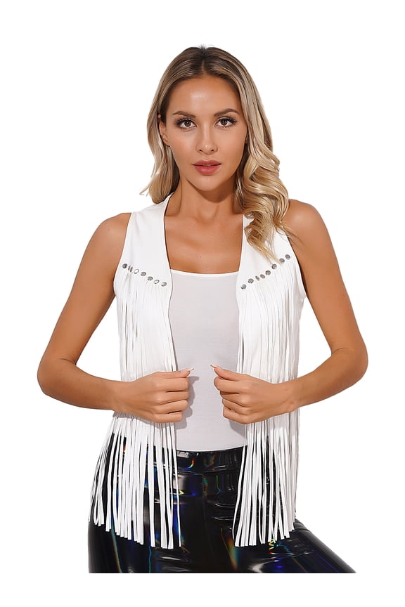 Womens Cowgirl Costume Faux Suede Tassel Waistcoat Cowboy Sheriff Rivets Fringe Vest Cosplay White L