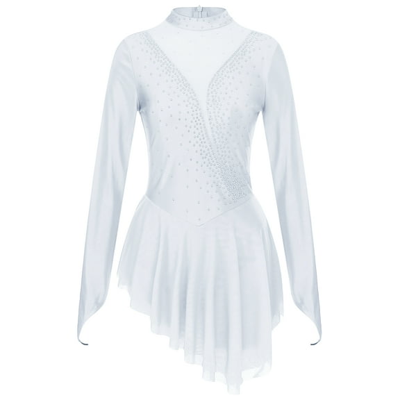 RUNQHUI Womens Mesh Patchwork Long Sleeve Figure Skating Dress Glitter Rhinestone Dance Competition White S